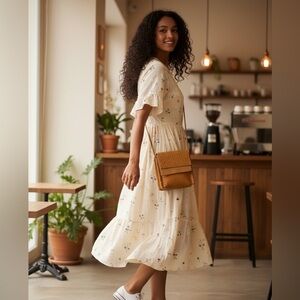 Sondra Robert’s woven leather crossbody bag with 2 front flaps and back pocket